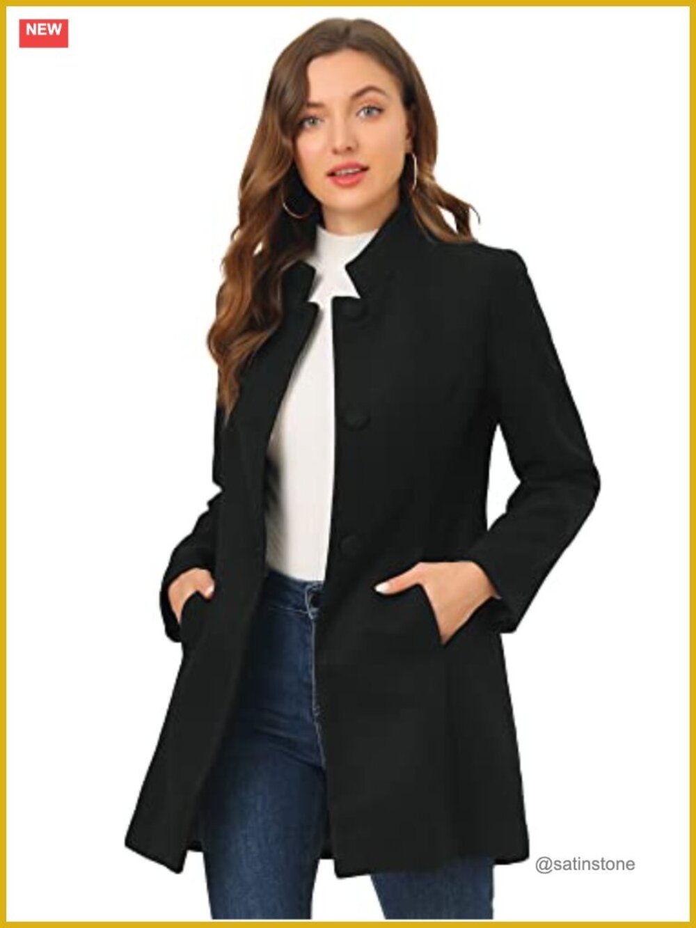 Women Winter Wool Peacoat Mid-Long Stand Collar Single Breasted Long Sleeve
